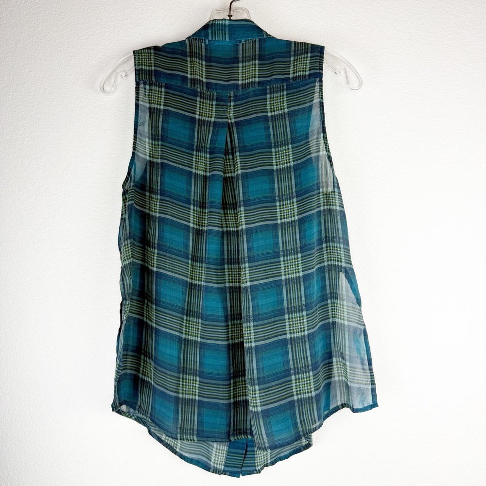 True Religion Womens Sleeveless Plaid Button Down Shirt Teal Green Small S/P - Picture 5 of 9